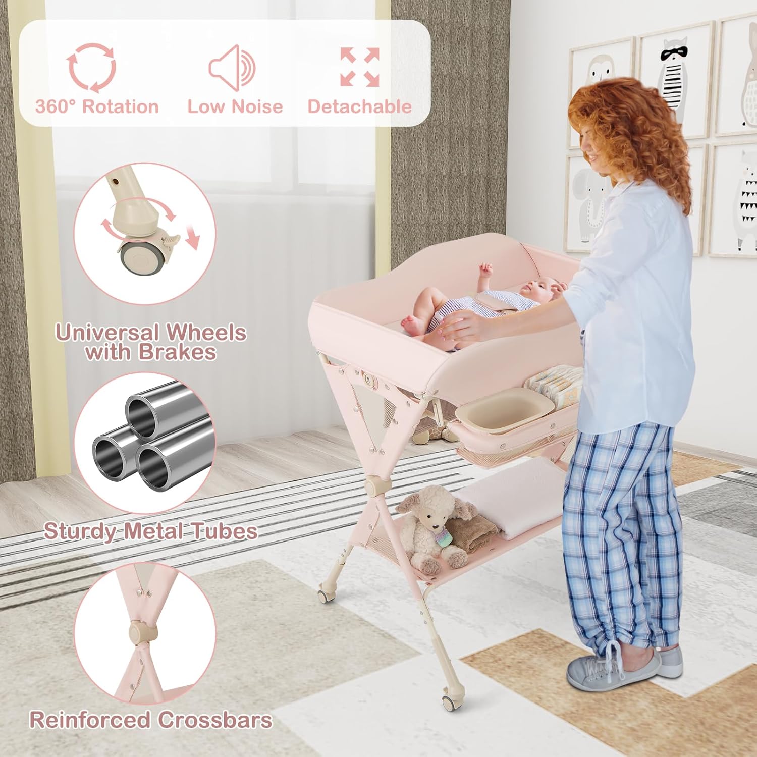 HONEY JOY Changing Table, Folding Mobile Diaper Nursery Organizer w/Wheel, 3 Adjustable Heights, Storage Bag & Open Shelf, Water Basin, Portable Baby Changing Station for Newborn Infant(Pink)