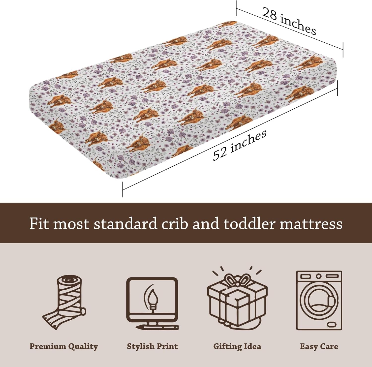 水彩 ウエスタン ハイランド 牛 花柄 ベビーシーツ ベビーベッド用、ユニ 農場の牛 保育園 ボックスシーツ 男の子 女の子 標準ベ