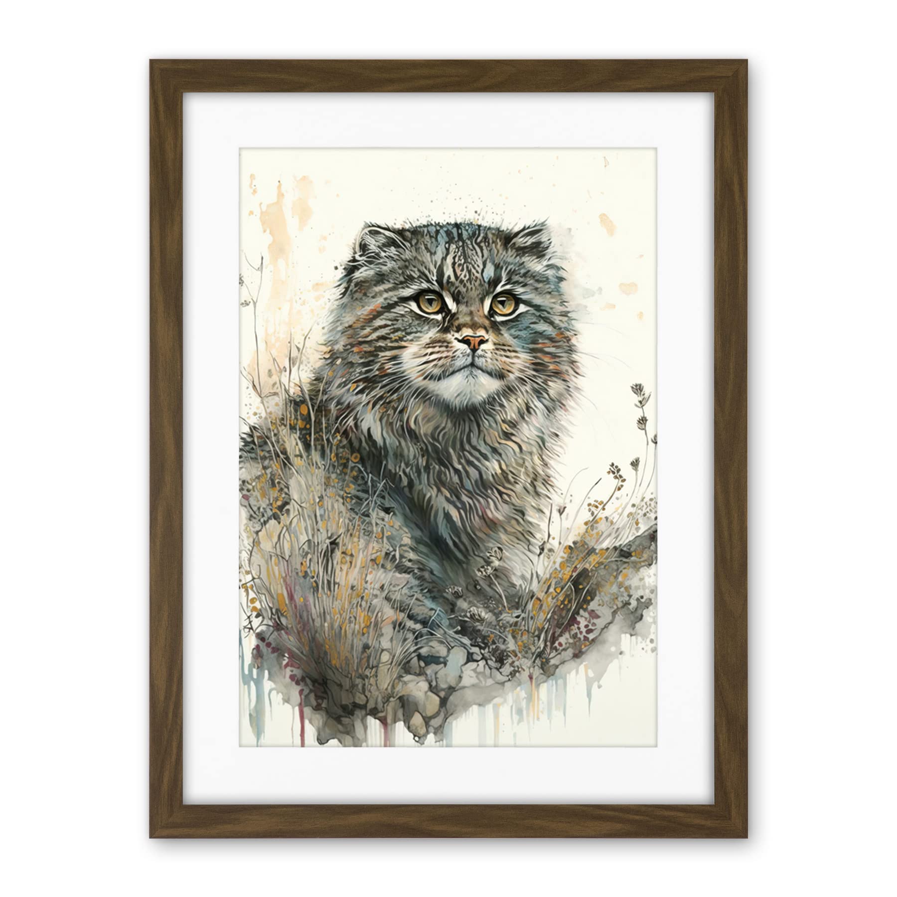 Artery8 Manul Pallas Cat Portrait in Wildflowers Watercolour Illustration Artwork Framed Wall Art Print 18X24 Inch