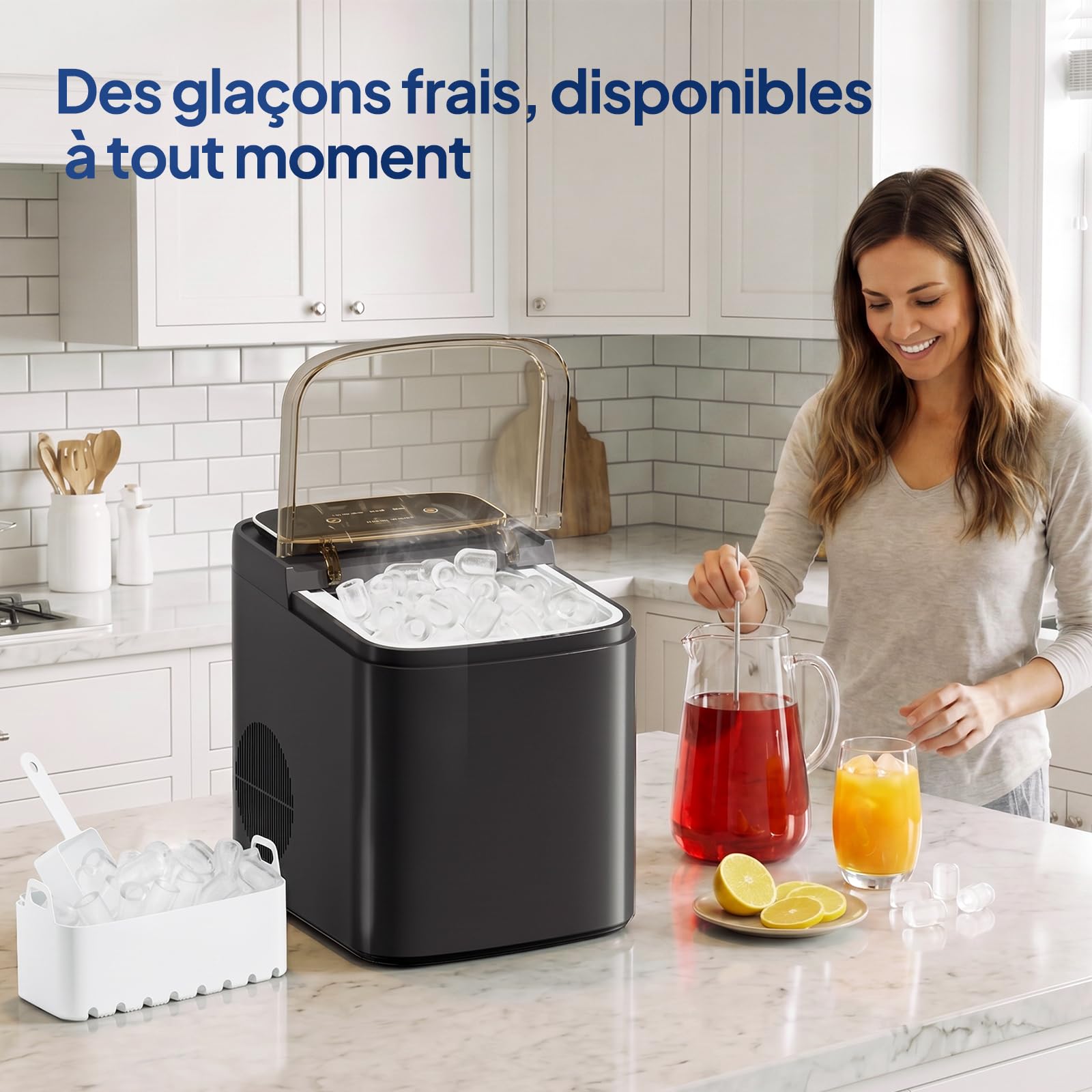 ROVSUN Macchina Ghiaccio 12kg/24h, Macchina Ghiaccio Casa 1.2L, 9 Cubetti in 6min, 2 Dimensioni, Ice Maker per Feste, Barbecue, Bar e Ristorante, 95W