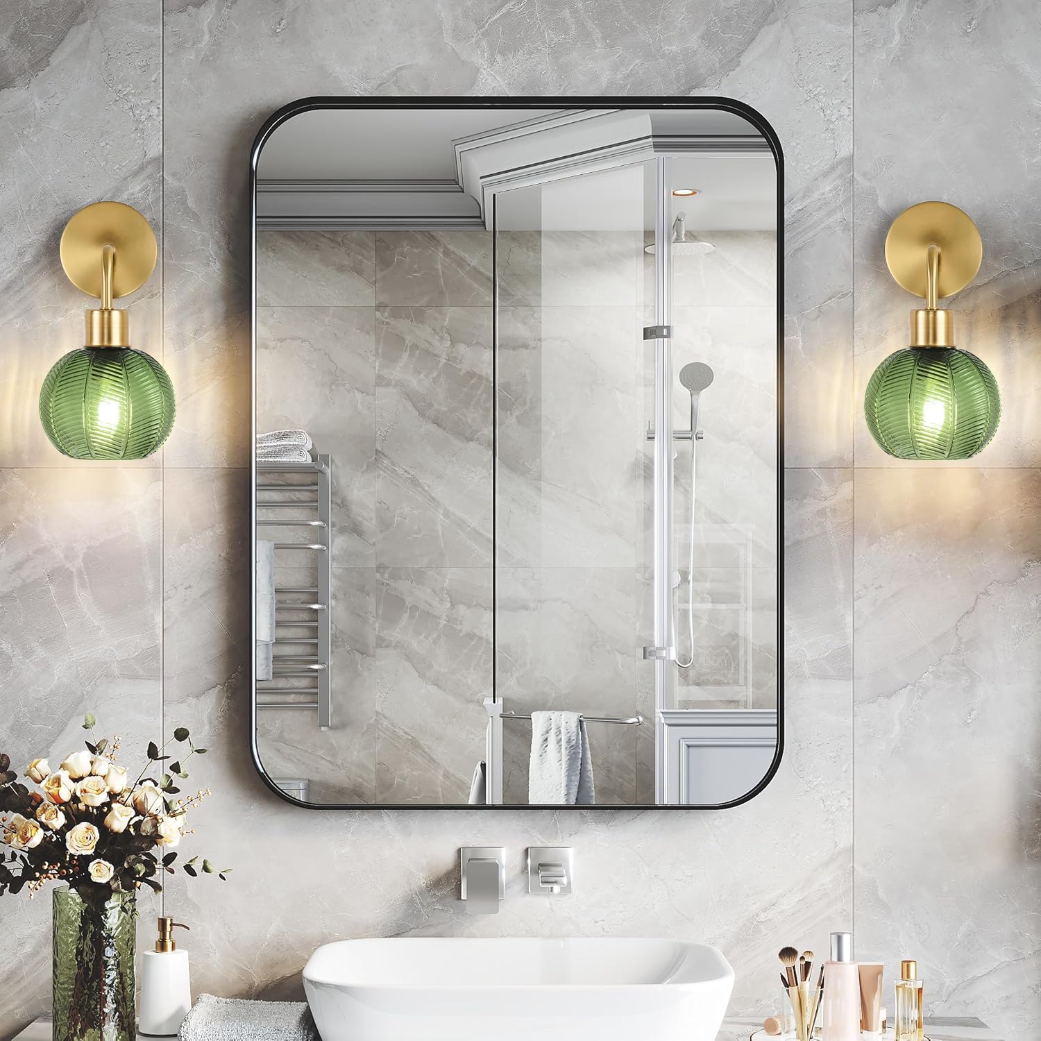 Gold Battery Operated Wall Sconces Set of Two 2,Wireless Rechargeable Wall Sconce with Remote,Vintage Wall Lamp with Green Glass Lampshade,Wall Light Fixtures for Bedroom Bedside Living Room Decor