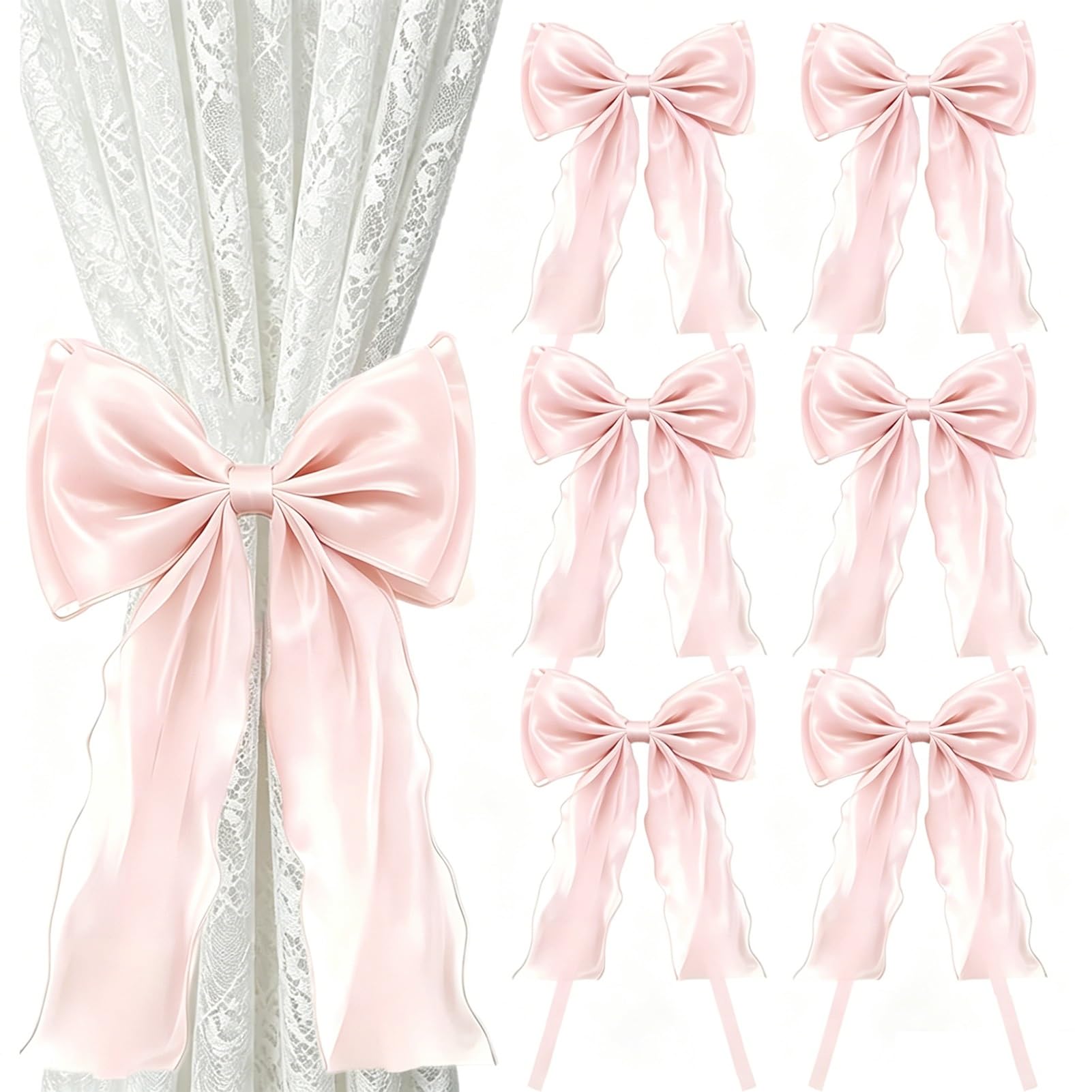 French Bow Curtain Tiebacks, Silky Ribbon Bowknot Curtain Holdbacks, for Sheer Curtains, Decorative Curtain Accessories (6 Pack)(Pink)