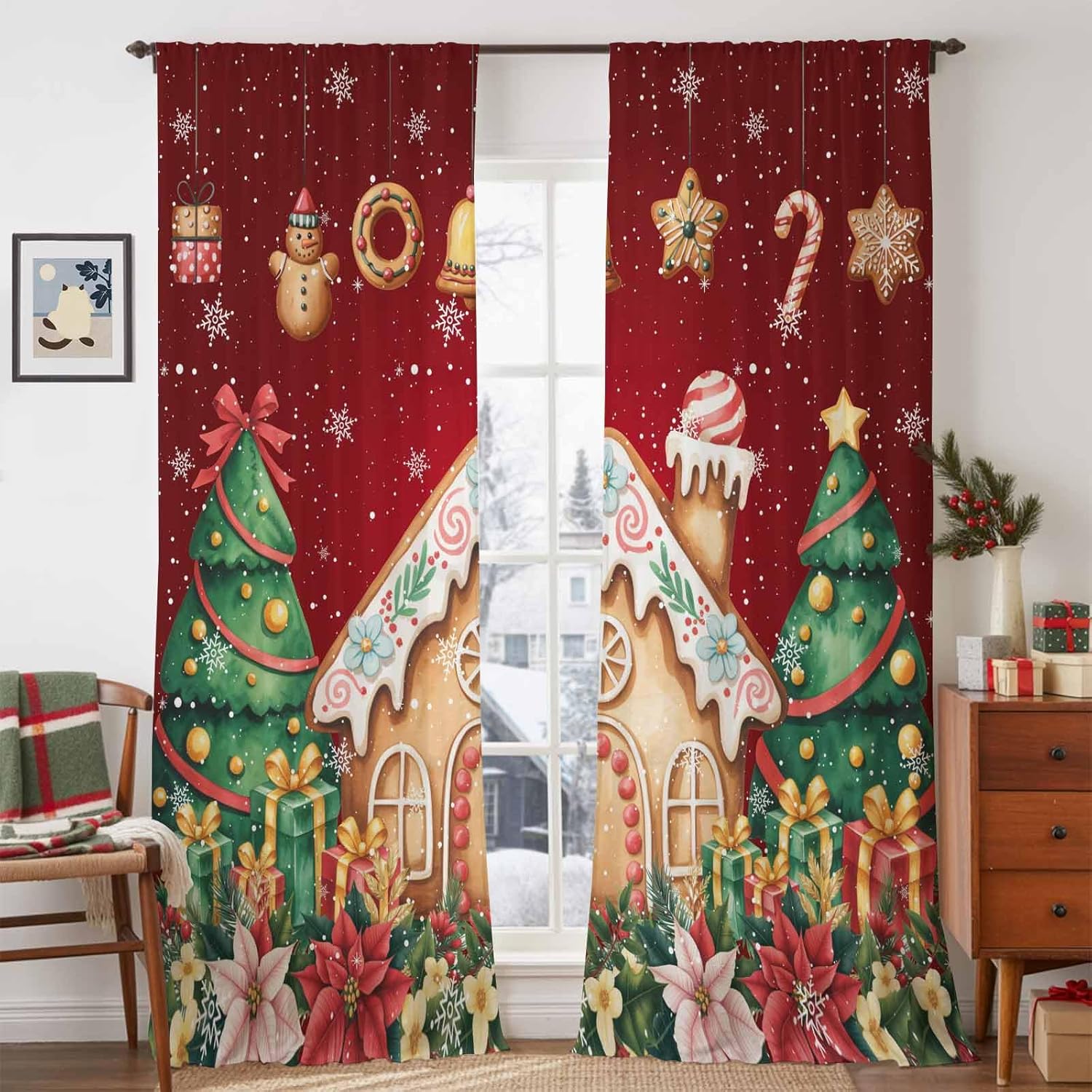 Christmas Tree Sheer Curtains 84 inches Long, Gingerbread House Candy Flower Winter Snow Red Rod Pocket Voile Window Curtain Light Filtering Drapes for Living Room/Bedroom, 2 Panels Set