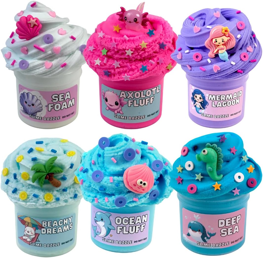 Ocean Slime Set for Beginners– 6 Pack Scented Butter Slimes – Non-Sticky, Butter and Cloud Textures – Blue, Pink & White Colors for Girls, Party Favors, Sensory Fun – Made in USA