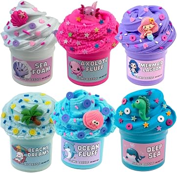 Ocean Slime Set for Beginners 6 Pack Scented Butter Slimes Non-Sticky, Butter and Cloud Textures Blue, Pink & White Colors for Girls, Party Favors, Sensory Fun Made in USA