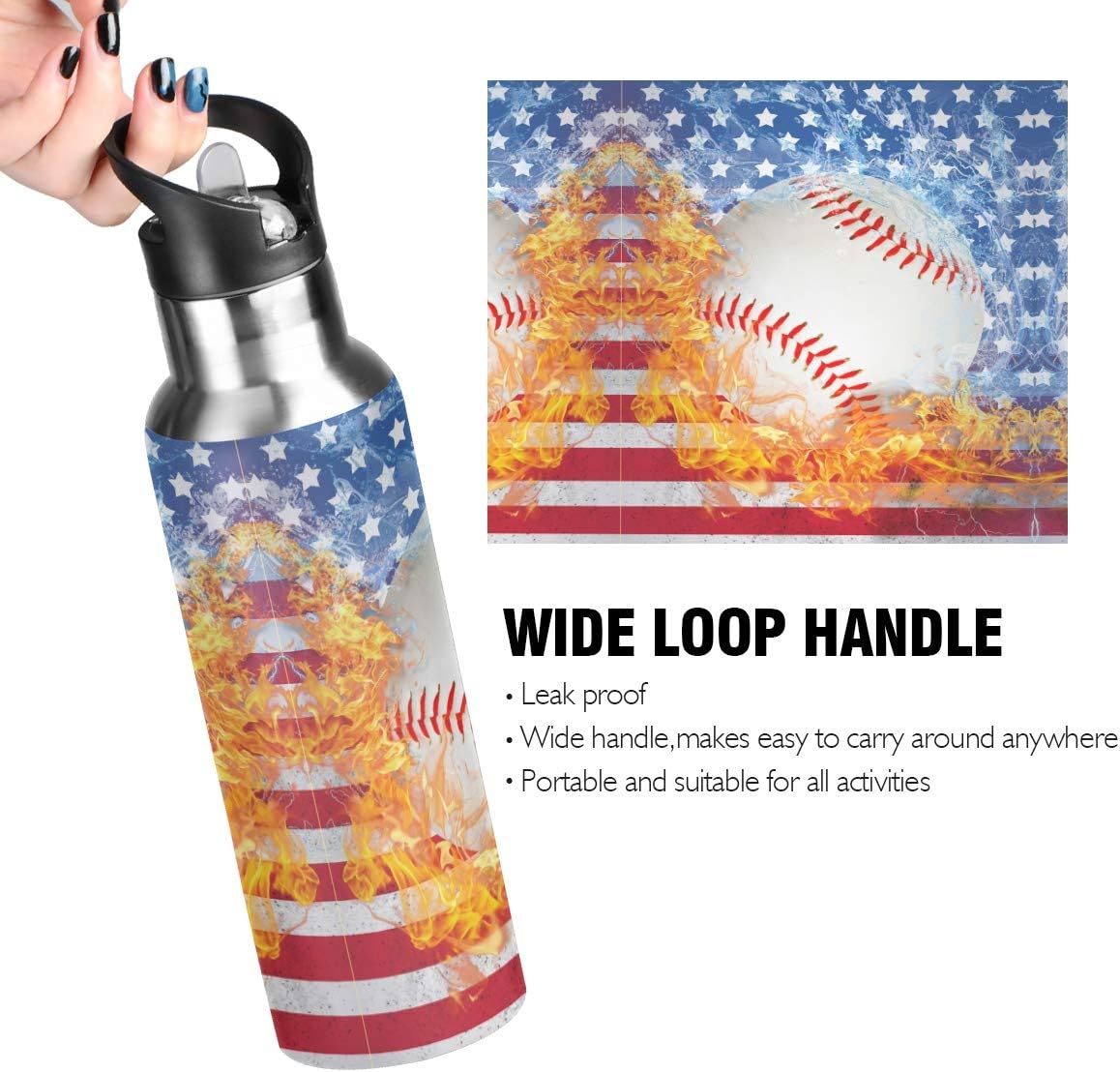 Blue Baseball US Flag Water Bottle with Straw Lid Boys Insulated Stainless Steel Water Flask Sports, 20 Oz Hot Cold - Image 5