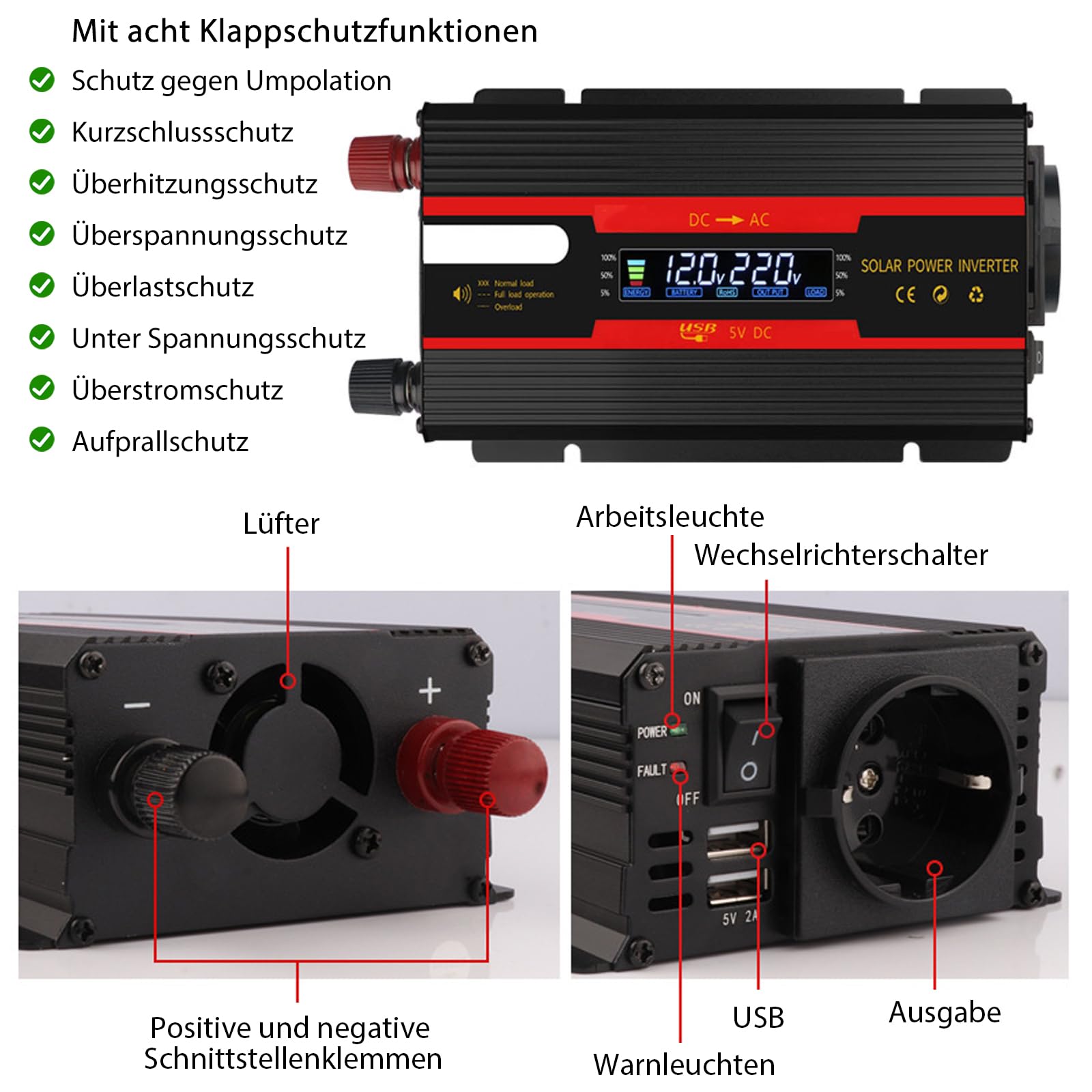 Wechselrichter Spannungswandler DC 12V / 24V auf AC 230V Modifizierte Sinuswelle Solar Inverter 700W/2000W mit EU Steckdosen, 2 USB Stromumwandler Adapter für Auto Kfz LKW Wohnwagen Camping