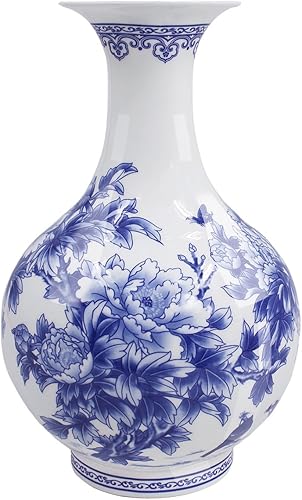 Dahlia Florero azul y blanco, florero hecho a mano de porcelana de hueso, pájaros en arbusto de peonía, forma de botella china de 9 pulgadas
