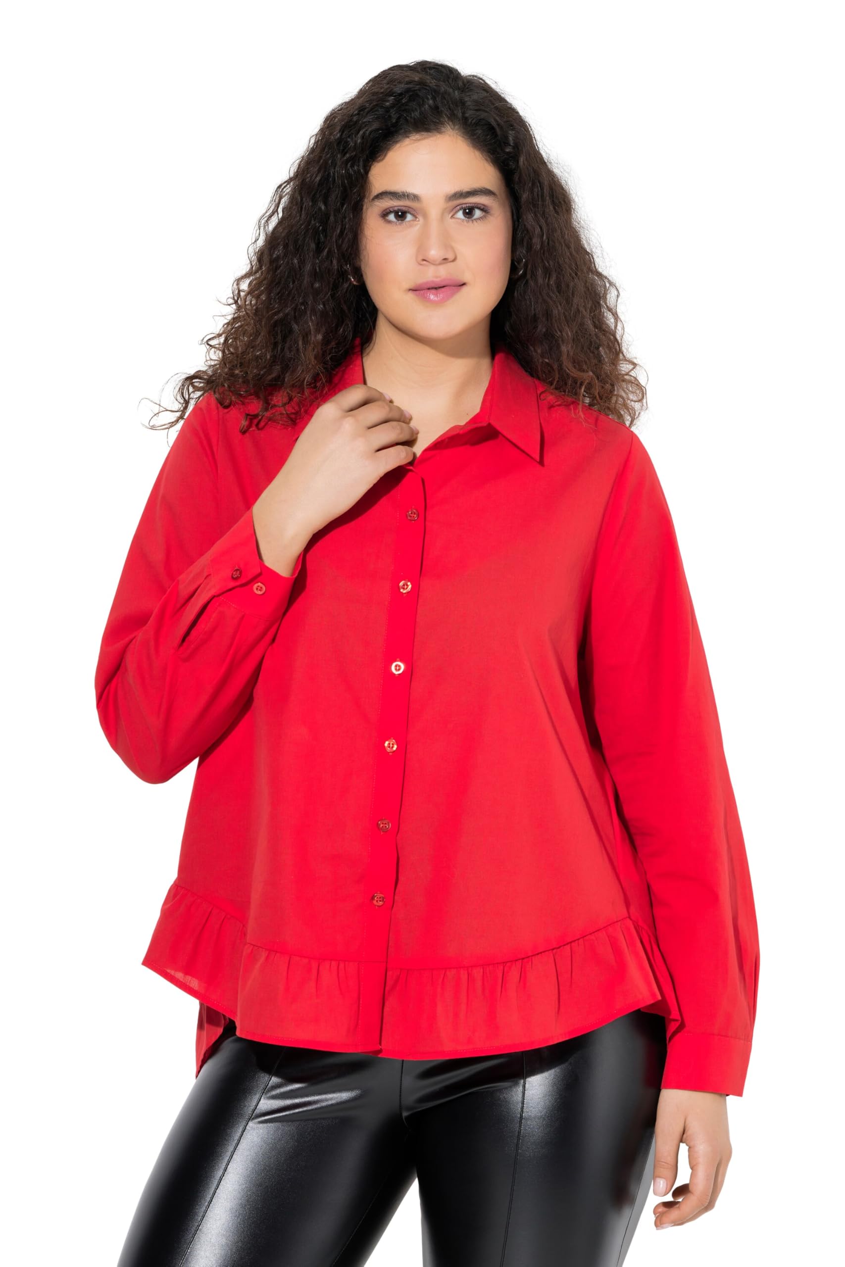 Ulla Popken Damen große Größen Übergrößen Plus Size Bluse, Volantsaum, A-Linie, Hemdkragen, Langarm 842170