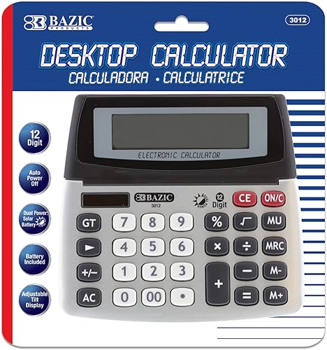 BAZIC Calculadora de escritorio de doble potencia de 12 dígitos con pantalla ajustable, solar y batería, pantalla LCD, calculadoras electrónicas de