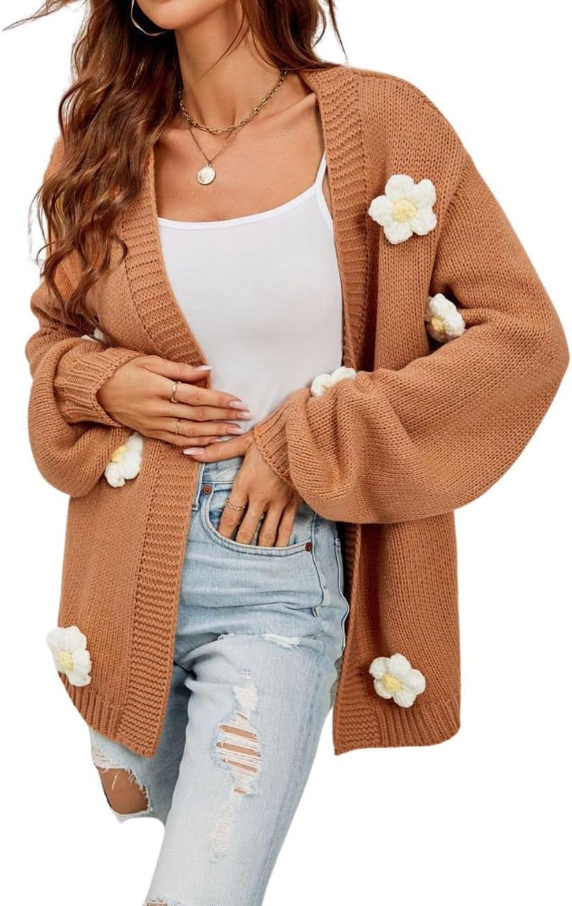 CHARTOU Women's Kawaii 3D Floral Applique Open Front Cardigan Sweater Y2k Knitwear