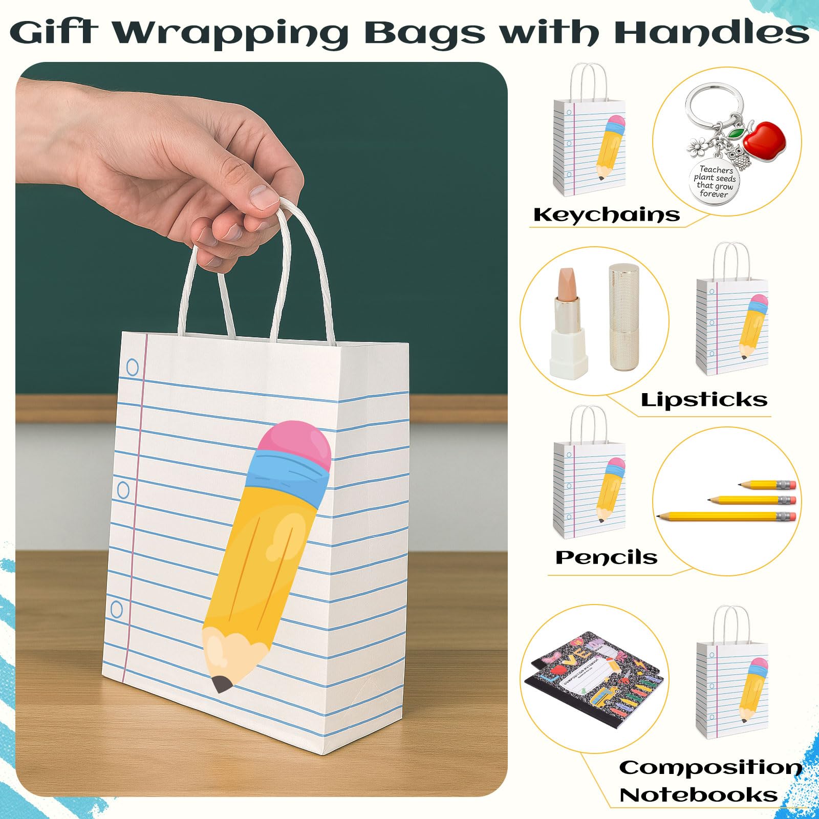 FOGWOWO 36Pcs Back to School Gift Bags Teacher Gift Bags Bulk School Gifts Bag with Handles,Pencil Notebook Line Teacher Appreciation Gifts End of Year Teacher Gifts Bags for Graduation Retirement Wrapping Supplies