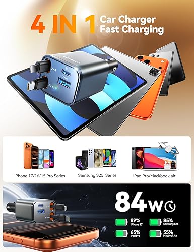 Miniatura 4 de [2026 Ultra-compacto] JOYROOM Cargador retráctil para automóvil de 84 W, cargador USB C para iPhone 16 17, carga rápida, accesorios de automóvil,