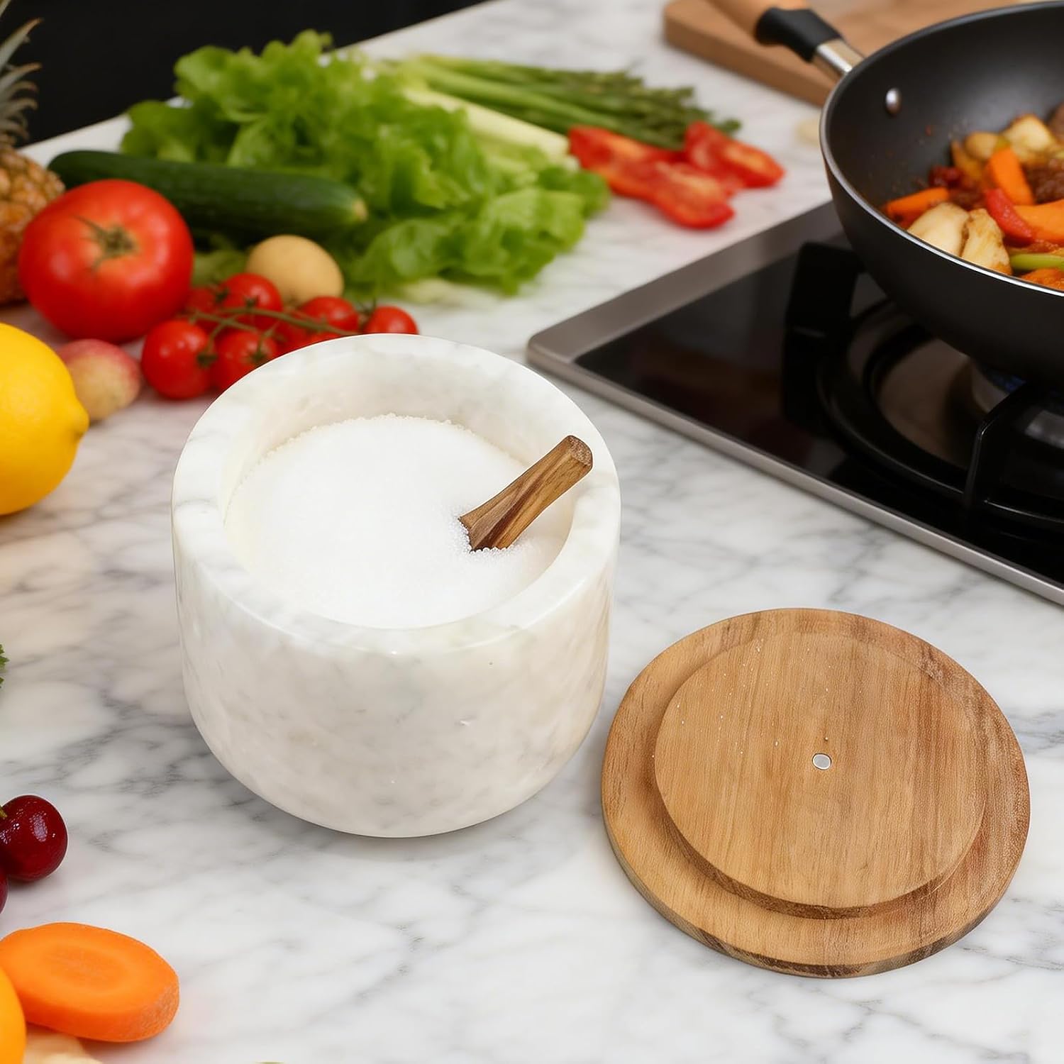 Salt and Pepper Spice Cellar, Marble Container for Coffee, Sugar, Spices and Candies, With Built-in Magnetic Attraction Spoon and Acacia Wood Lid, 6.5 oz (Snowflake White)