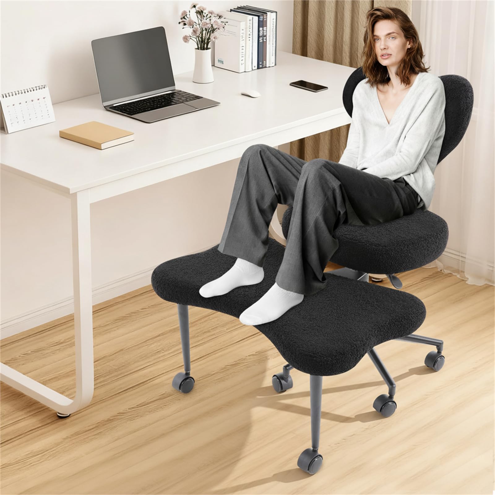 Silla de meditación multifuncional con ruedas y 7 ruedas, ergonómica de lana de cordero, con patas cruzadas para diferentes posiciones de asiento y yoga, soporta 150 kg, altura ajustable (negro)