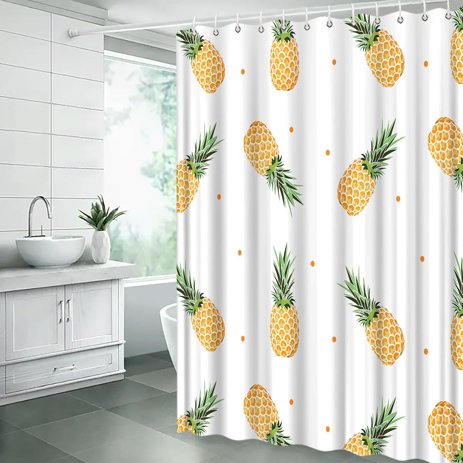 Pineapple Shower Curtain Yellow Tropical Fruit Pineapple Green Leaf Watercolor Ananas Summer Nature Plant Fabric Bathroom Decor Curtain with Hooks