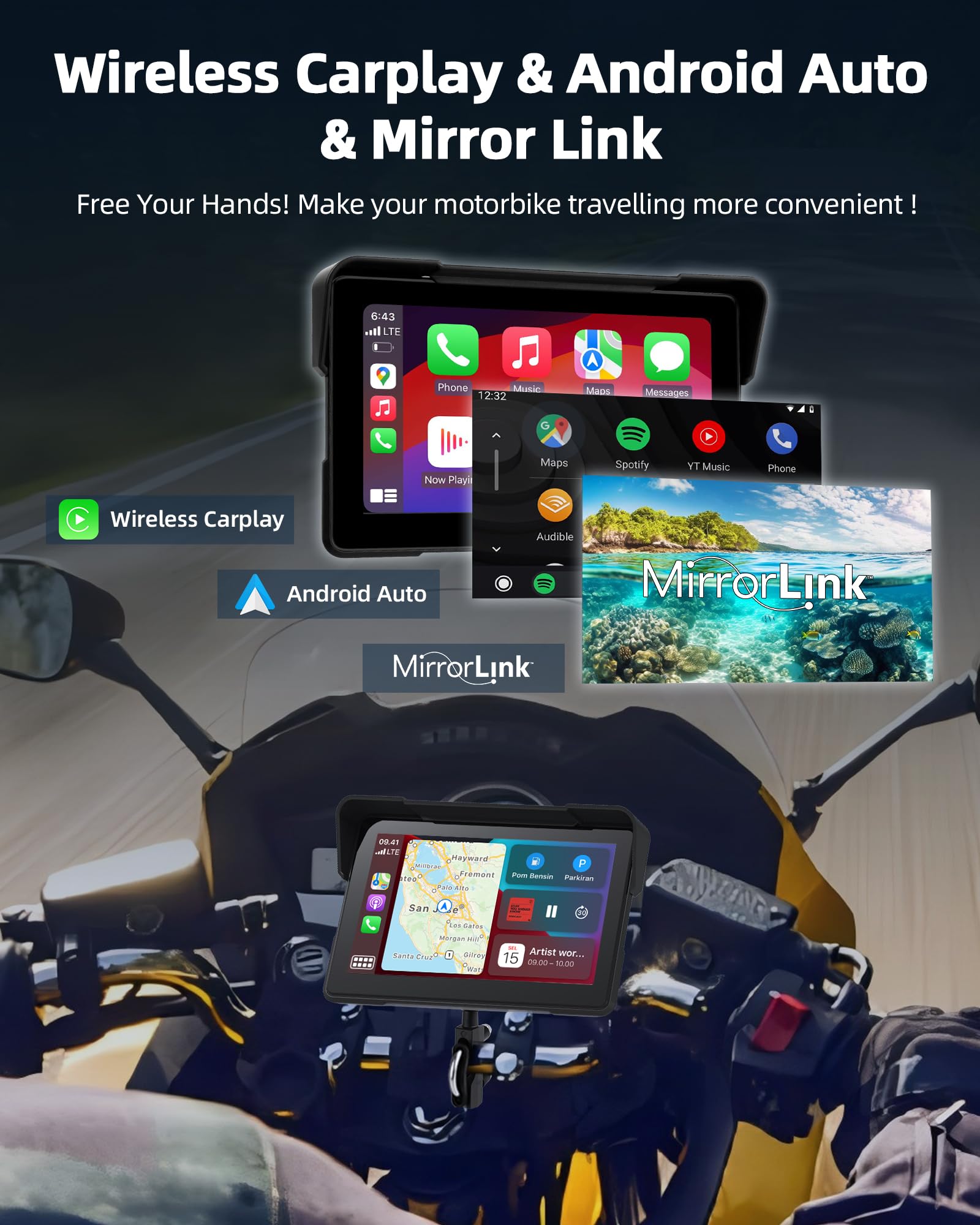 Jansite Moto Carplay Android Auto con cámara de salpicadero 2K delantera trasera, dispositivo de navegación de 7 pulgadas, IP67 resistente al agua, doble pantalla Bluetooth, grabación continua 64 G TF