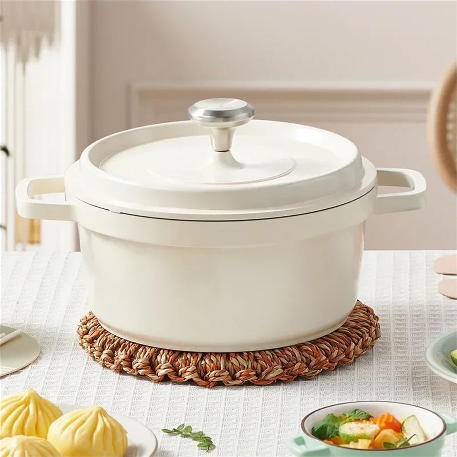 Casseruola in Ceramica Smaltata, pentola con Coperchio, casseruola Antiaderente, per Raccogliere energia e conservare Il Calore (Colore Bianco, 20 cm)