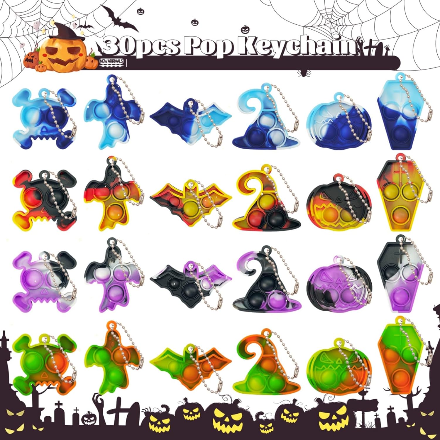 Halloween Party Favors for kids Pop Fidget Toys Bulk It 30 Pack,Halloween Party Supplies Halloween Classroom Favors Mini Pop keychain Its Halloween Prizes for Kids Toys Bulk Goodie bag