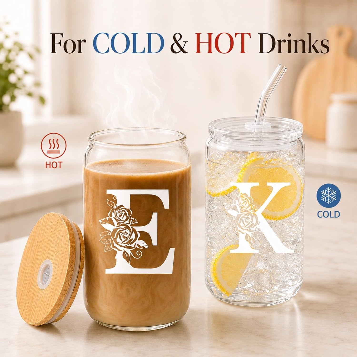 Personalized Cups, Custom Initial Tumbler, Cute Glass Tumbler, 16 oz Iced Coffee Cup, Personalized Gifts for Women, Letter K Cup with Bamboo Lid and Glass Straw, Christmas Gift, Daughter thumbnail
