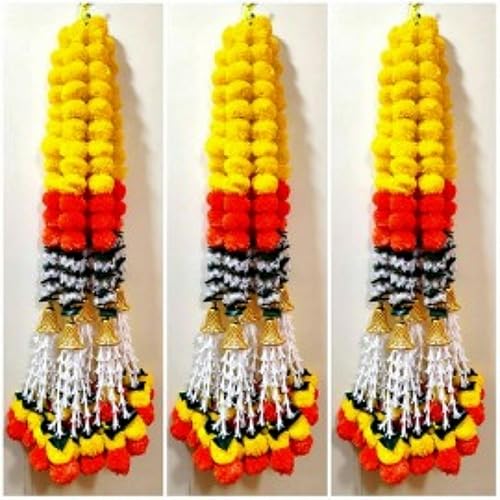 Miniatura 2 de Pared atrapasueños al por mayor con guirnaldas de caléndula para templo, Diwali, decoración Haldi Mehandi, Chakri con campana colgando, telón de