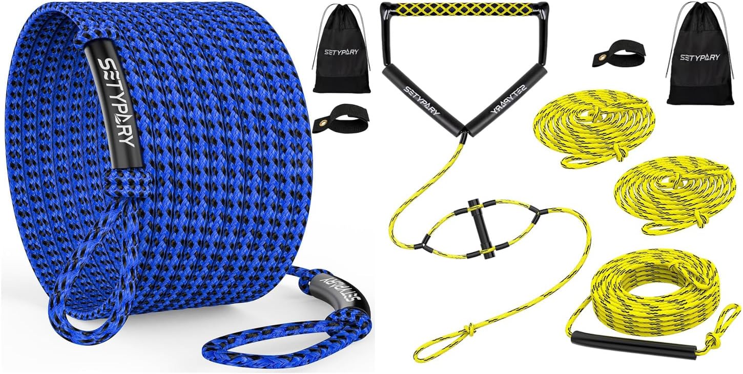 60FT & 75FT Combo: 4K Heavy-Duty Floating Tube Tow Rope for 1-4 Person Towable Tubes (Blue & Black) + Wakeboard Rope with Handle, 4-Section Adjustable Water Ski Rope (Yellow & Black)