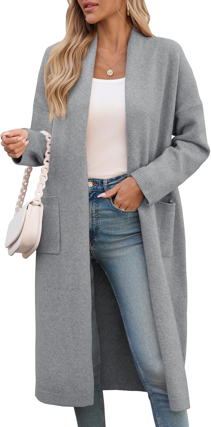 Saodimallsu Womens Extra Long Cardigan Sweaters Oversized Chunky Knit Open Front Long Sleeve Casual Duster Coat with Pockets