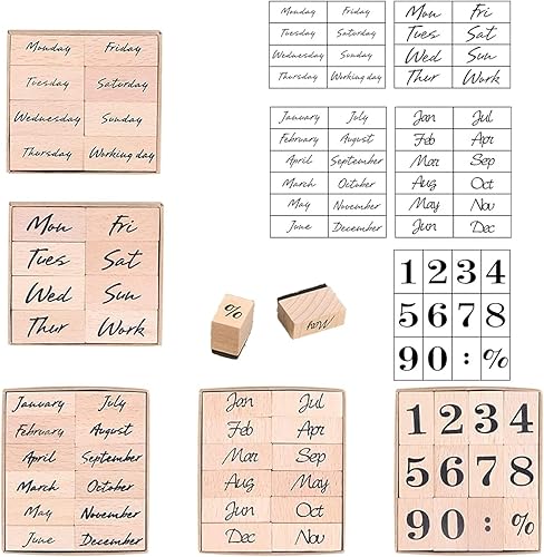 Miniatura 7 de Dedoot - Sellos de goma de madera vintage, 52 sellos de fecha, sellos de madera vintage para la semana y números para hacer tarjetas, pintura,
