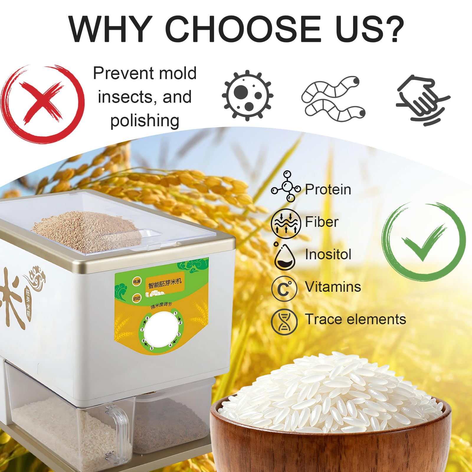 Fresatrice per riso - Regolabile a 8 livelli, resa 250-500g/min, arresto automatico continuo, separazione automatica di riso e crusca