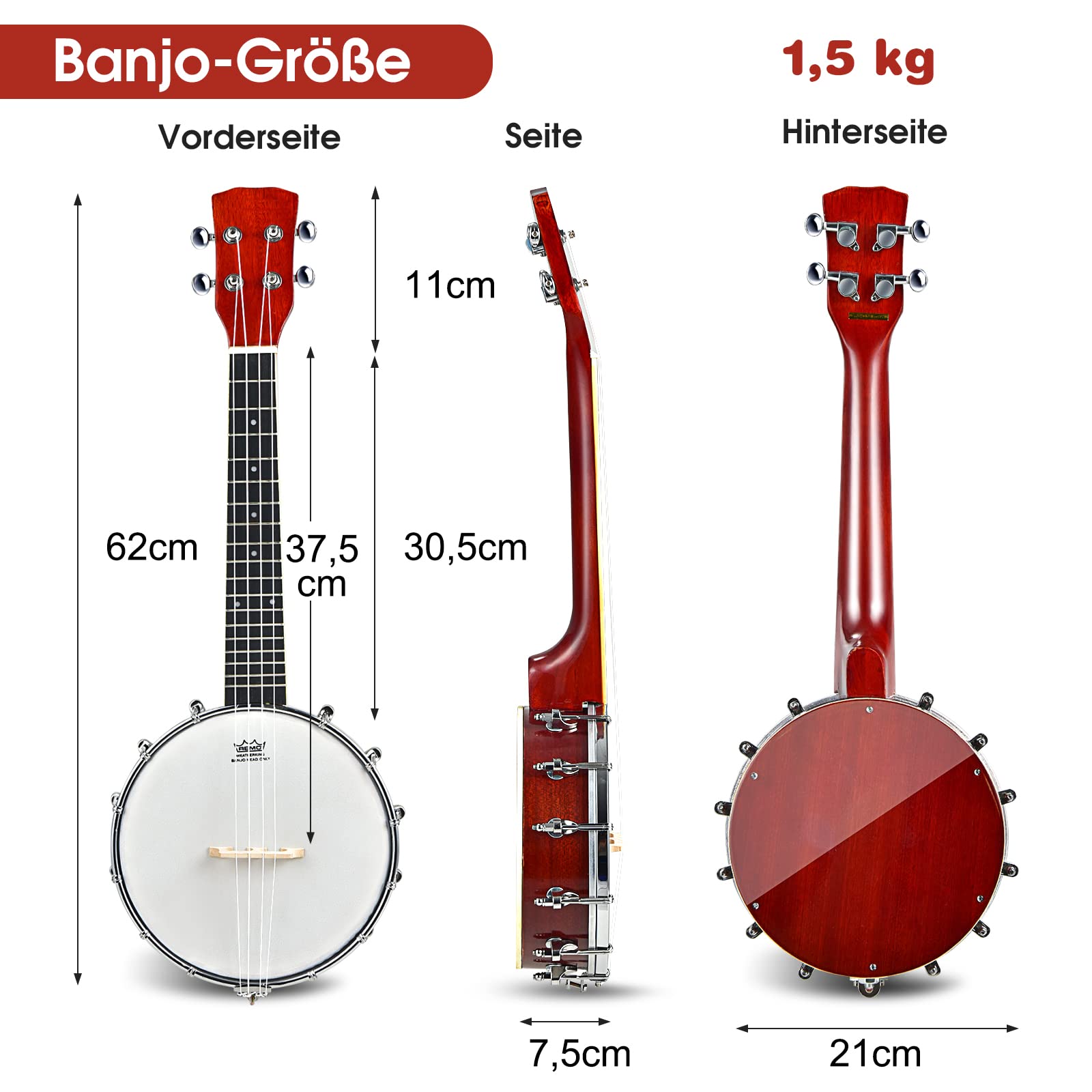 COSTWAY 4 Saiten Banjo 24 Zoll mit Reinigungstuch, Stimmgerät, Gurt, Saiten, Tasche, Reise Banjolele Set Ukulele für Kinder & Anfänger