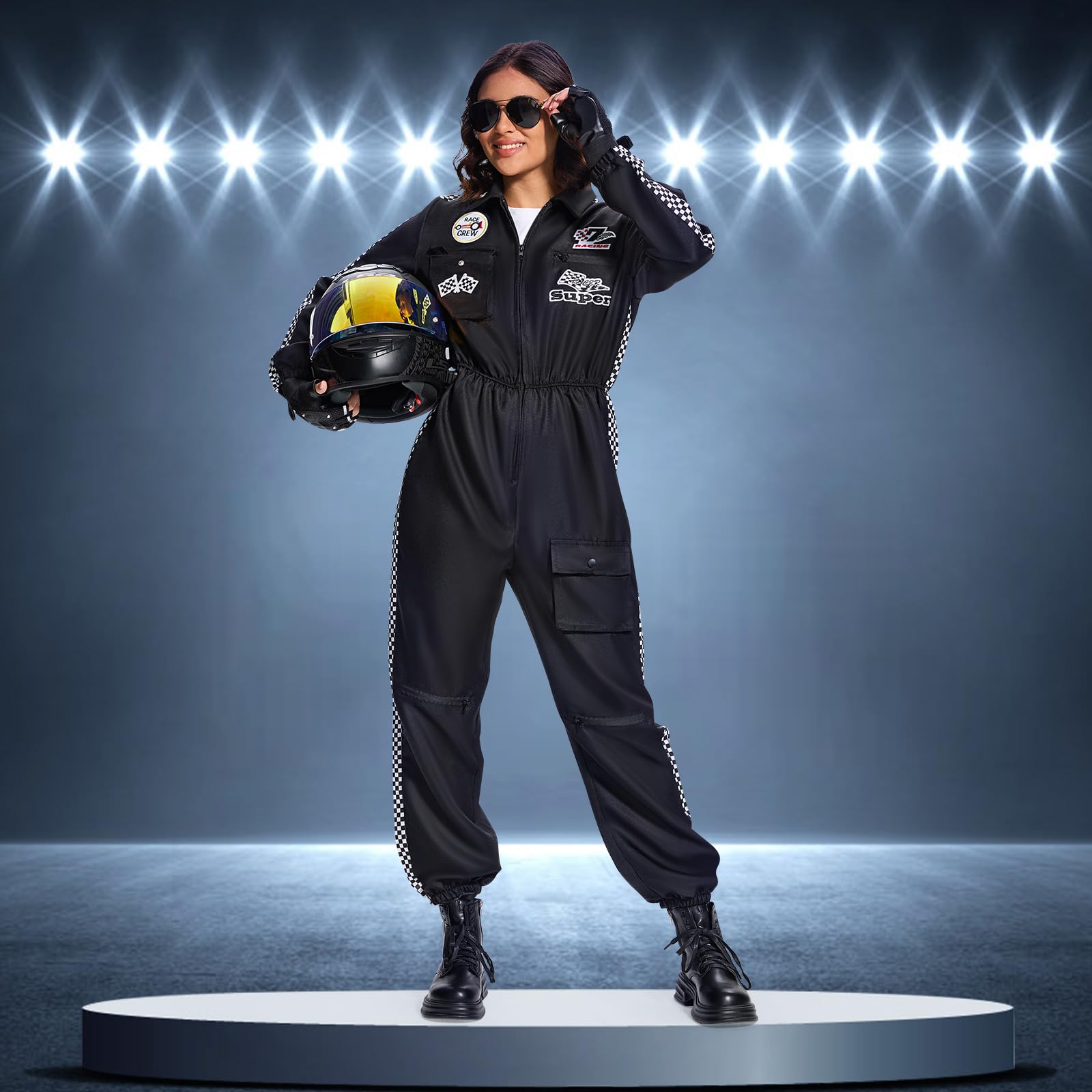BuzzoXerex Rennfahrer Kostüm Damen, Rennfahrer Anzug Damen mit Handschuhe, Hüte, Sonnenbrille Rennfahrer Kostüm Overall Jumpsuit für Karneval, Party, Cosplay (Schwarz, L)