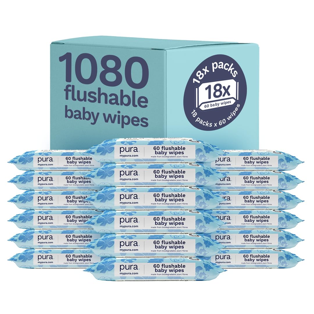 Pura Salviette monouso WC per bambini, 1080 salviettine (18 x 60 salviette), 100% salviettine umidificate senza plastica, 99% acqua, pelle sensibile, biodegradabili, cotone biologico