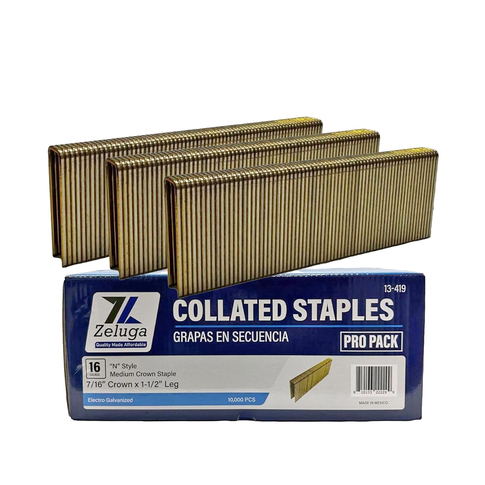 Zeluga 13-419 1-1/2in. x 7/16in. 16 Gauge Electrogalvanized N-Style Medium Crown Staples 10,000/Box