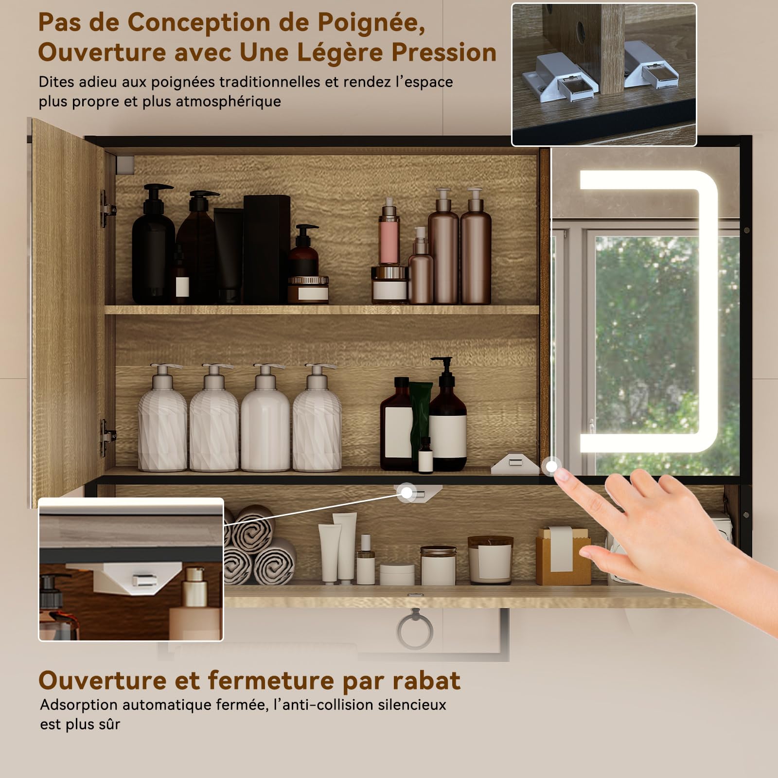 YU YUSING Armoire Salle de Bain LED Anti-Buée avec Porte-Serviettes 80x60cm