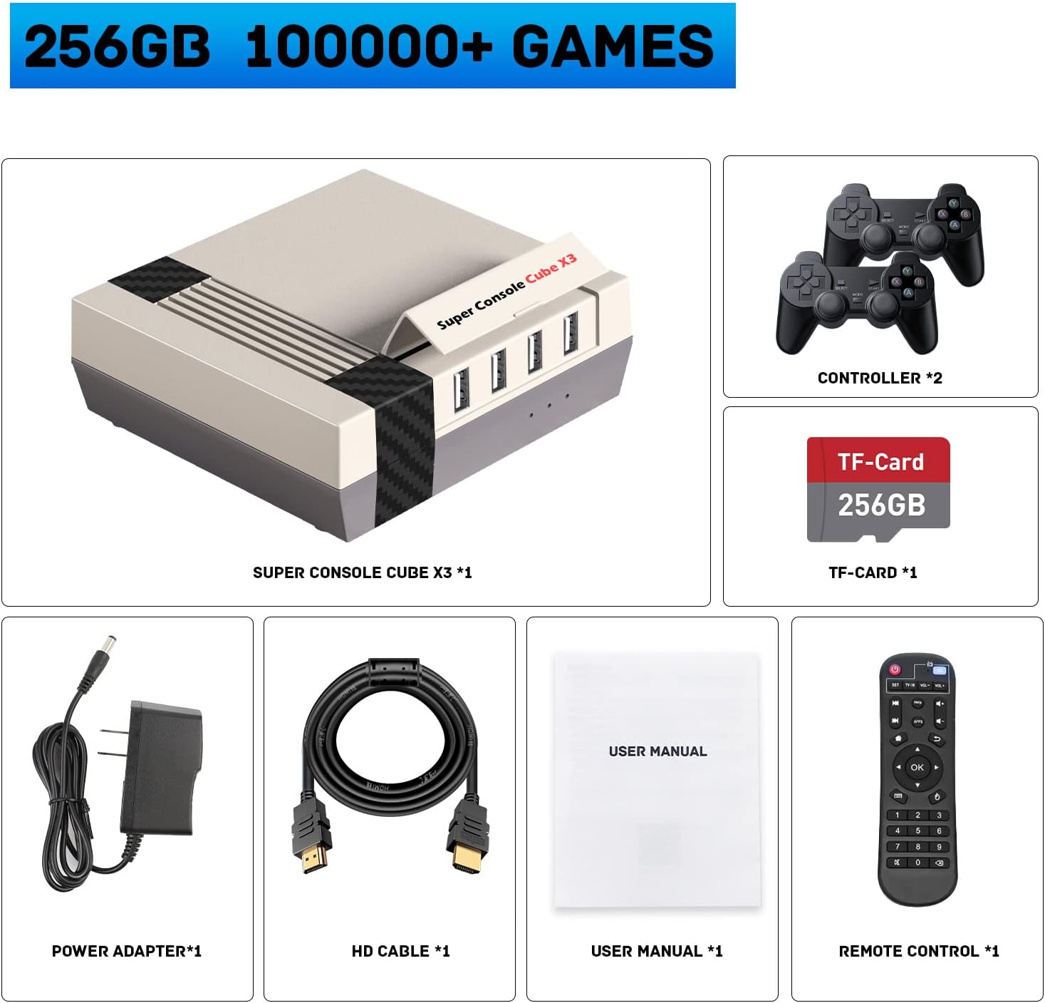 Super Console Cube X3 Retro Game Console Built-in 100000+Games,Video Game Console with EmuElec 4.5/Android 9.0/CoreE,8K UHD Output,2.4+5G,BT 4.0,Emulator Console Compatible with PSP/PS1/DC (256GB) : Video Games
