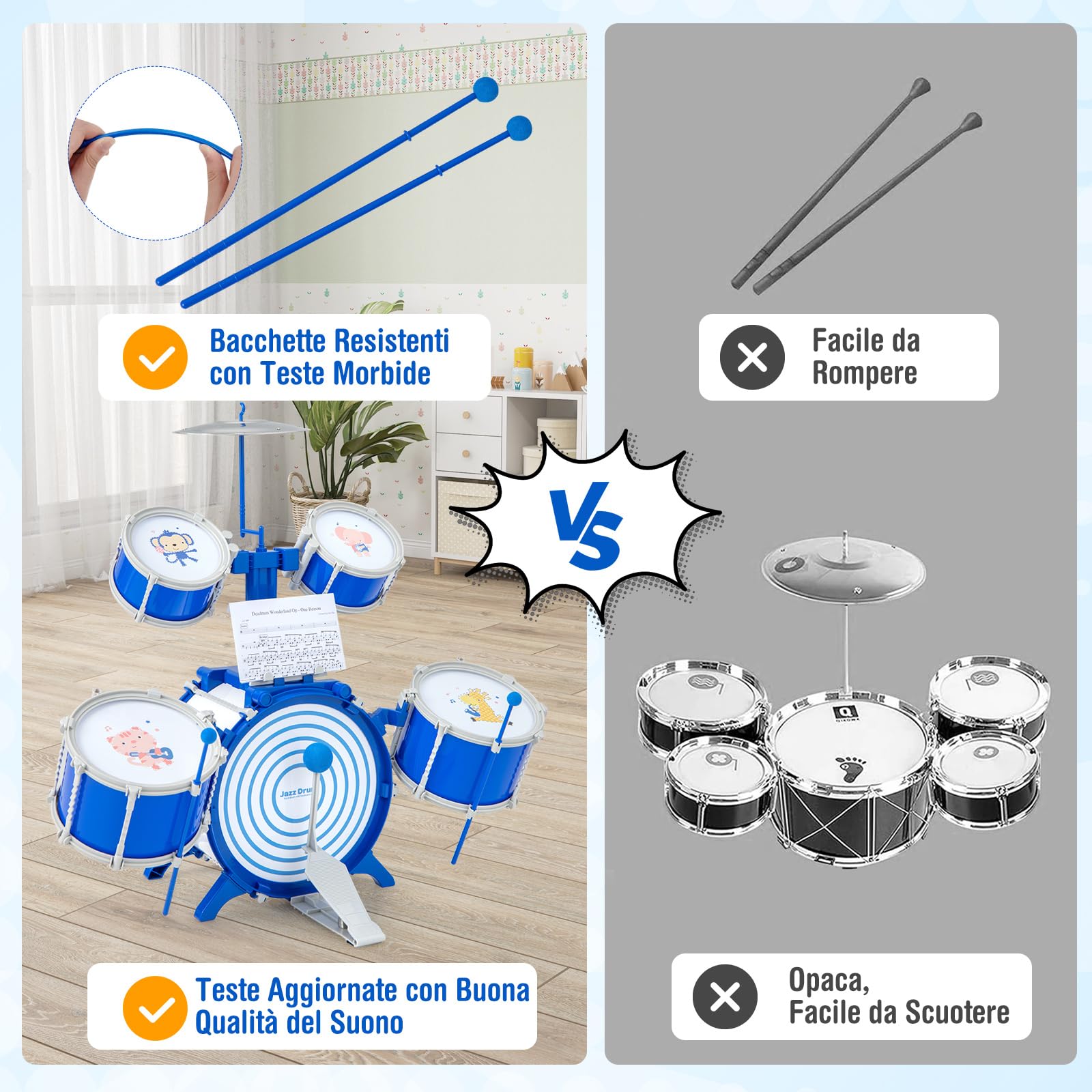 COSTWAY Set di Batteria per Bambini, Strumento Musicale a Percussione Educativo, Batteria Jazz con Sgabello, per Bambini 3+ Anni, Blu