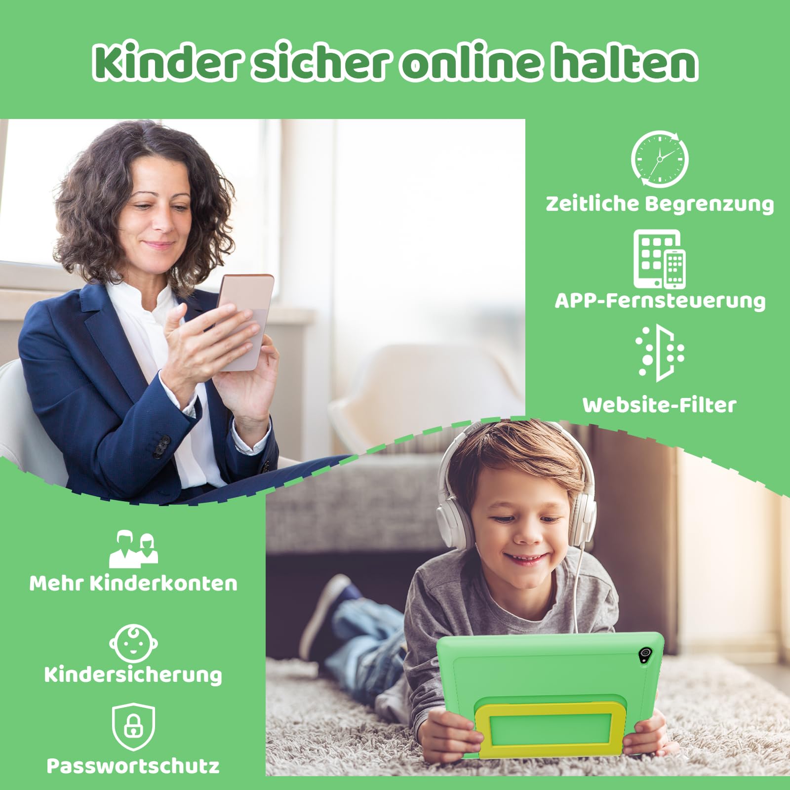 Ainmel Android 16 Kinder Tablet, 10.1 Zoll Tablet für Kinder, 24GB+64GB(erweiterbar auf 1TB), 6000mAh, Kindersicherung, WiFi 6, Bluetooth 5.4, Widevine L1, kindersicheres Gehäuse (grün)
