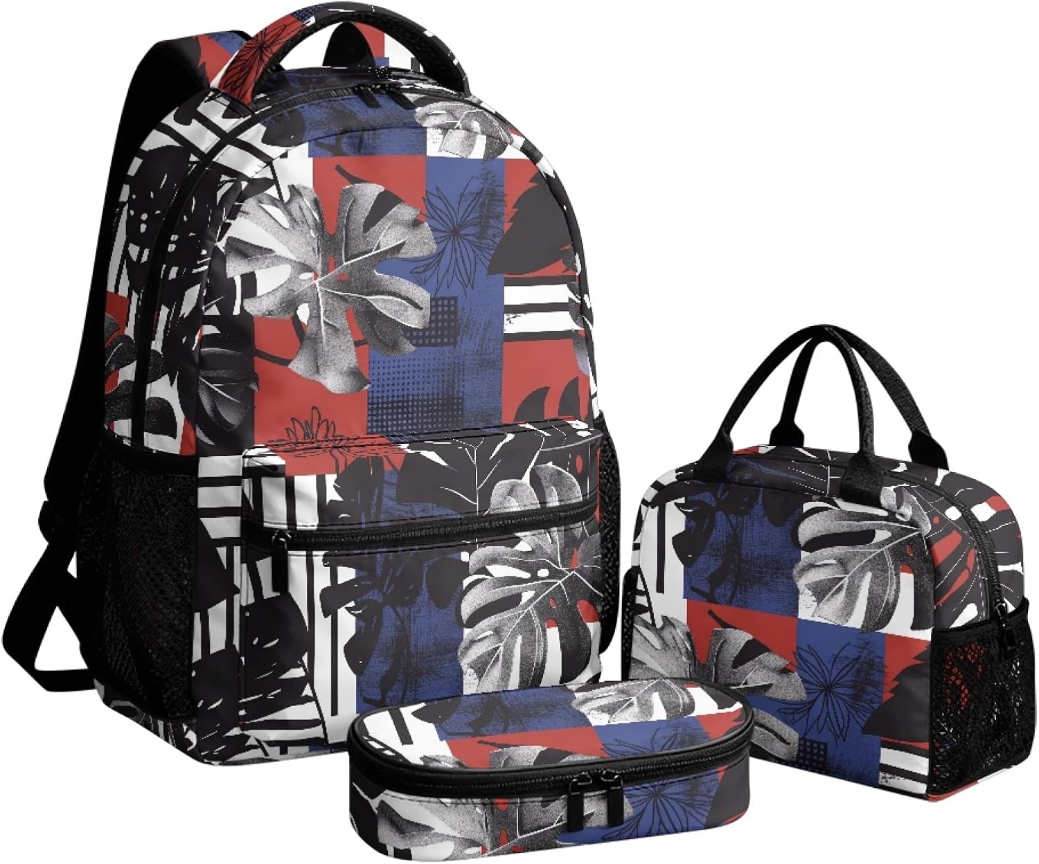 Amzbeauty American Tropical Leaf Print School Backpack Set For Boys Camping Travel Student Bookbag With Insulated Lunch Box Zipper Pencil Case