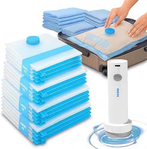 Bolsas de sellado al vacío para ropa de viaje, paquete de 16 bolsas de almacenamiento al vacío para ropa con bomba eléctrica portátil, 4 pequeñas +