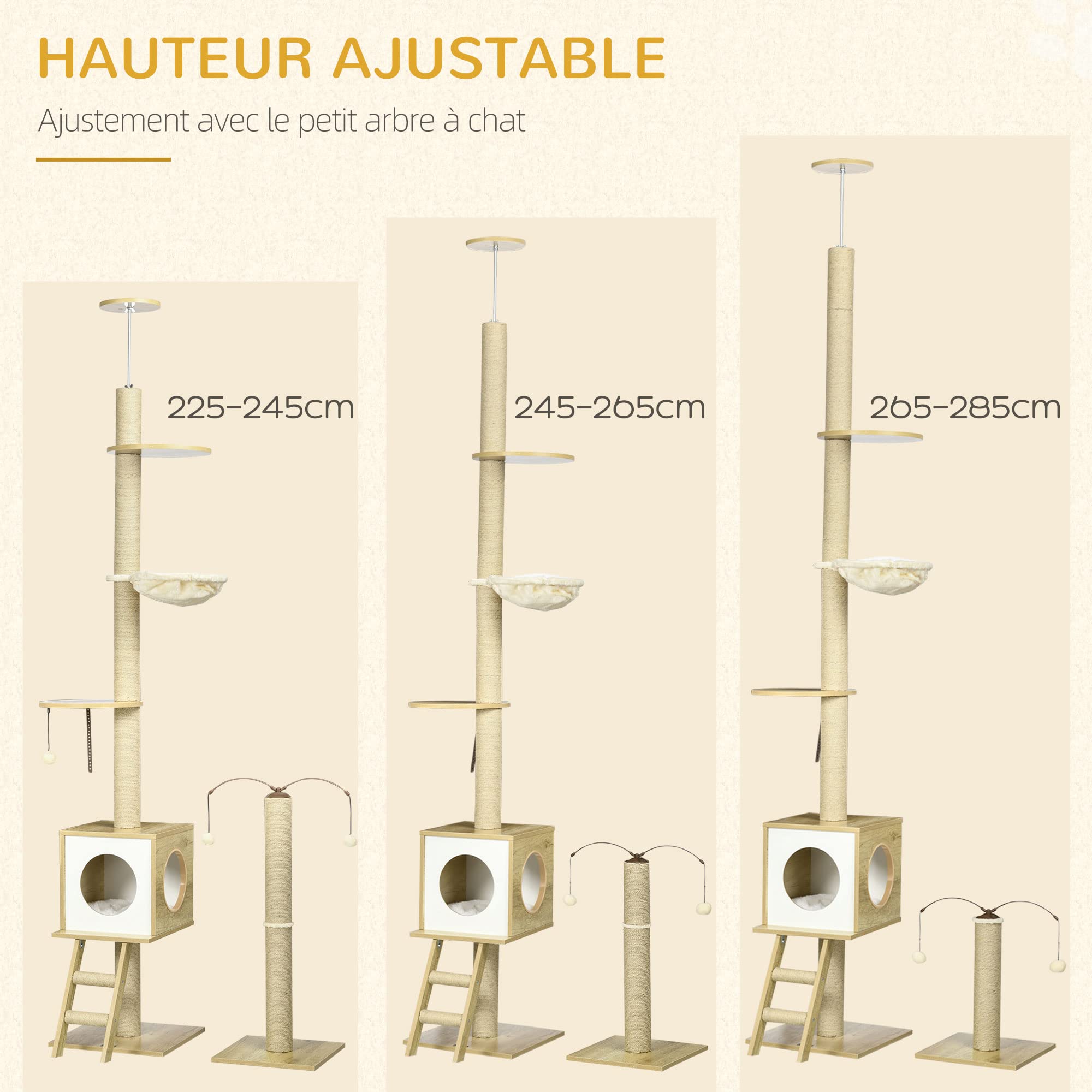 PawHut Lot de 2 Arbres à Chat Sol au Plafond Réglable 225-285 cm Beige