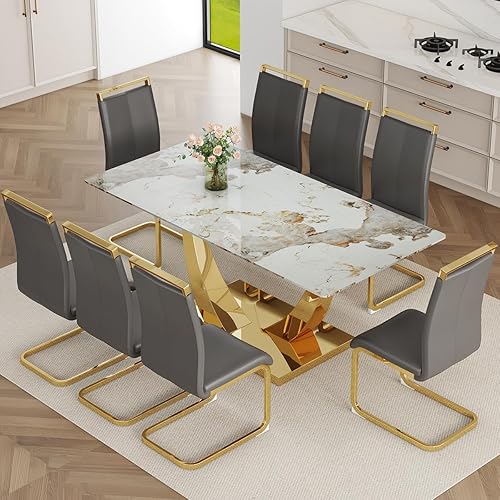 Miniatura 24 de Juego de mesa de comedor de mármol sintético para 6, mesa de comedor moderna de 71 pulgadas para 6, mesa de cocina dorada de lujo y 6 sillas de Mesa