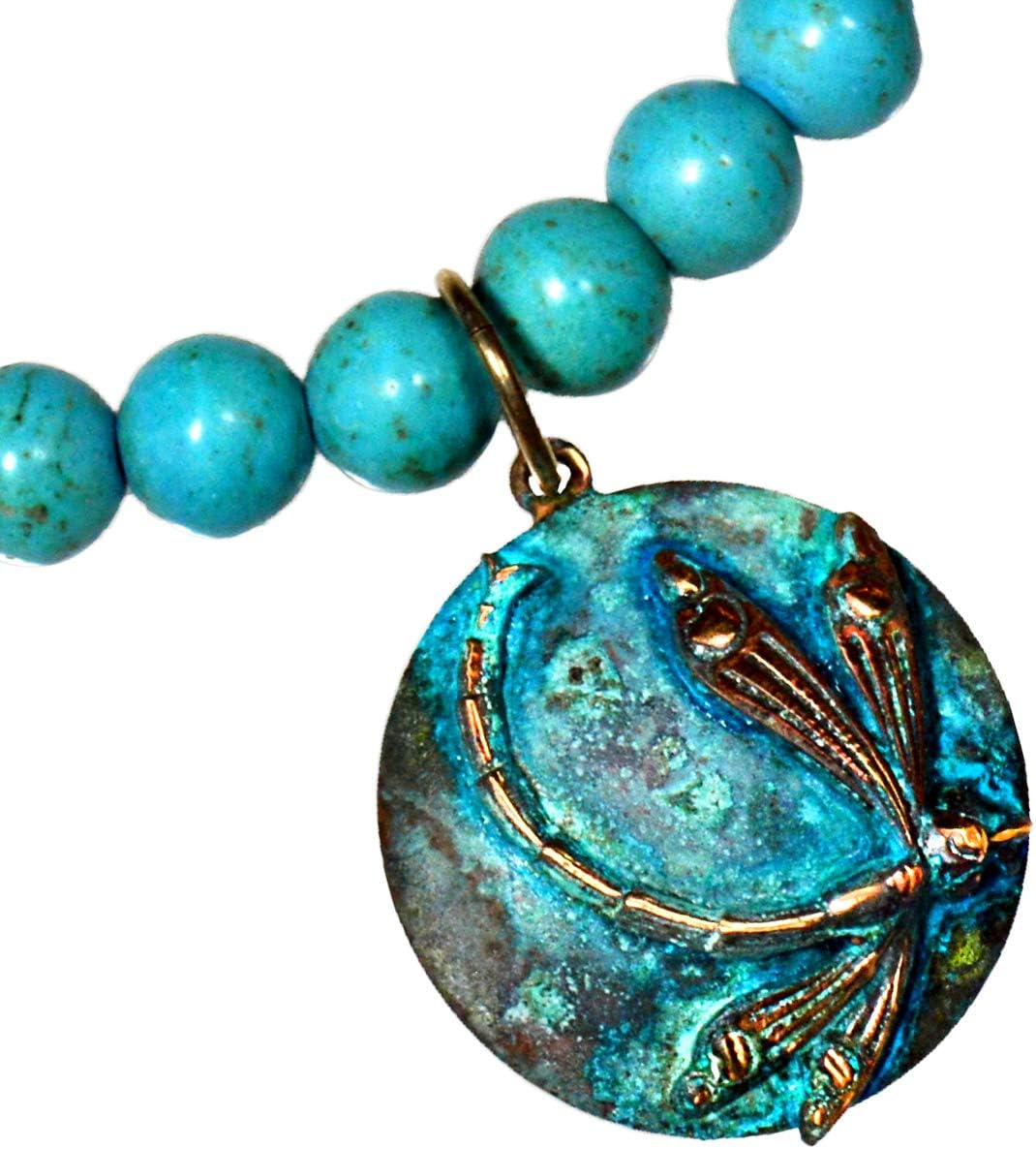 Elaine Coyne Collectible Artwear Verdigris Patina Wearable Art Dragonfly on Domed Circle Necklace - Turquoise - Image 2