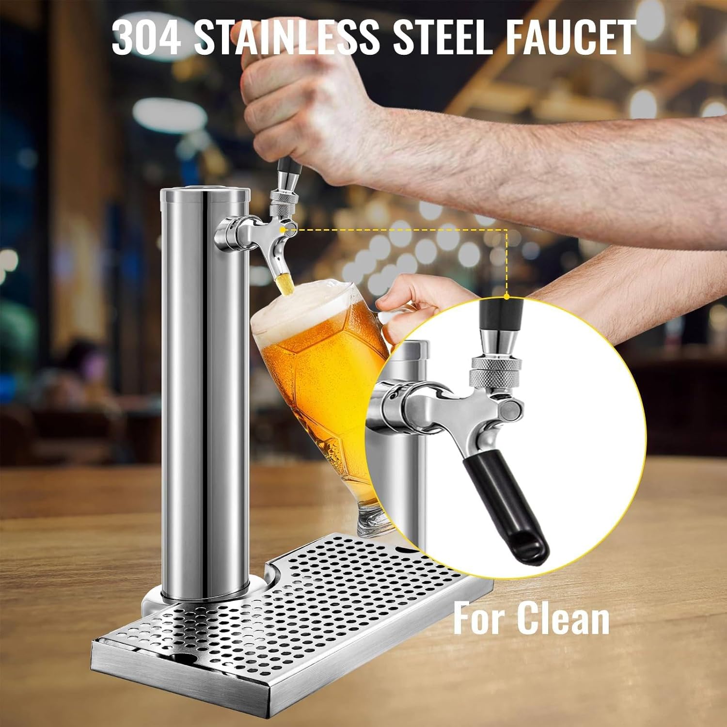 Beer Tower Dispenser,Triple Taps Draft Wine Dispenser,with Drip Tray, for Party, Bar, Pub, Restaurant (Silver)