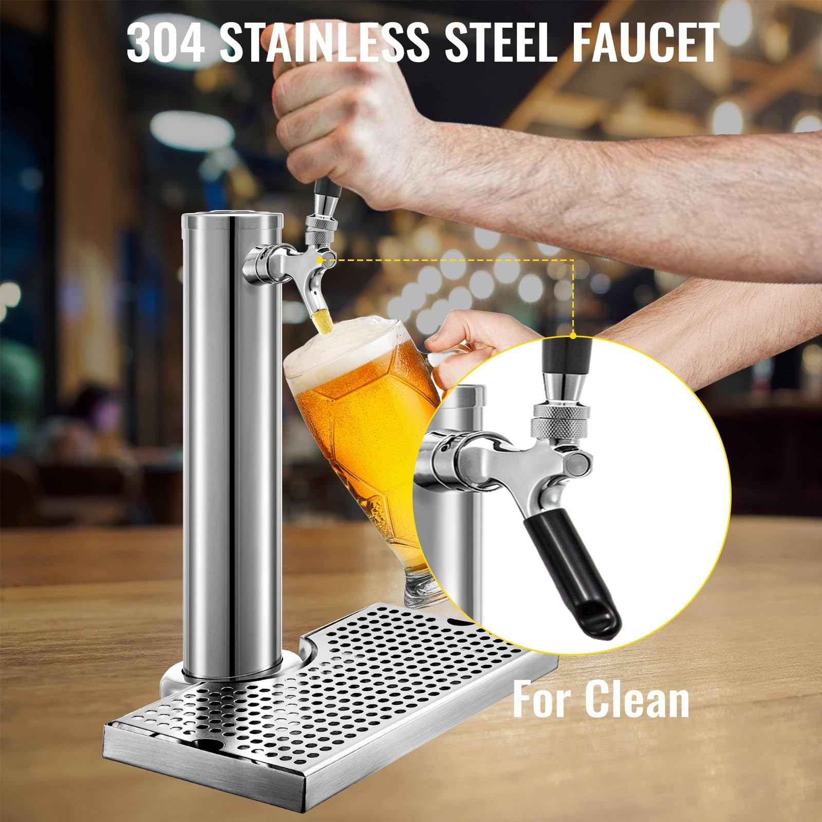 Dispenser a torre per birra con vassoio antigoccia, in acciaio inox, attrezzatura per servire birra e vino, per feste, bar, pub, ristoranti