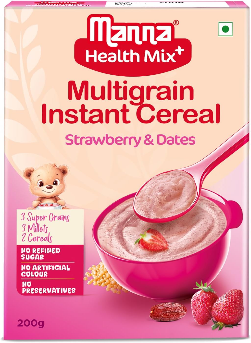 Manna Health Mix Instant Multigrain Cereal, Strawberry, Banana, Dates, with Milk. Made with Real Fruits and 7 Supergrains and Millets. No Added Sugar, No Artificial Colour, Flavours 200g