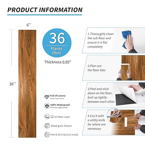 Miniatura 72 de Art3d Paquete de 36 baldosas de vinilo de 54 pies cuadrados para despegar y pegar, aspecto de madera, adhesivo e impermeable para dormitorio, sala