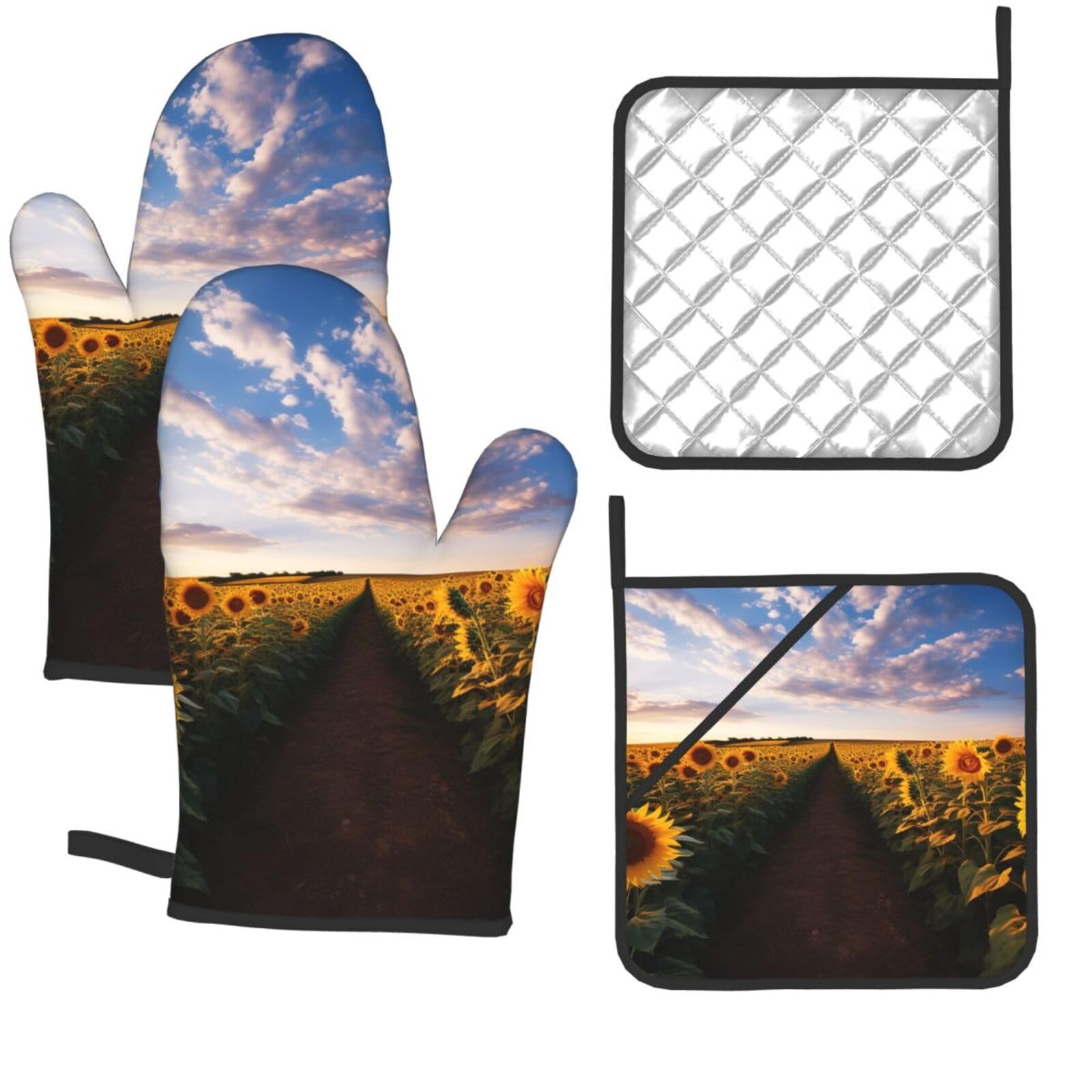 4 Pcs Oven Mitts and Pot Holders Set Kitchen Oven Gloves Heat Resistant Potholders Non-Slip Hot Pads Field of Blooming Sunflowers Oven Mits for Cooking Baking Grilling