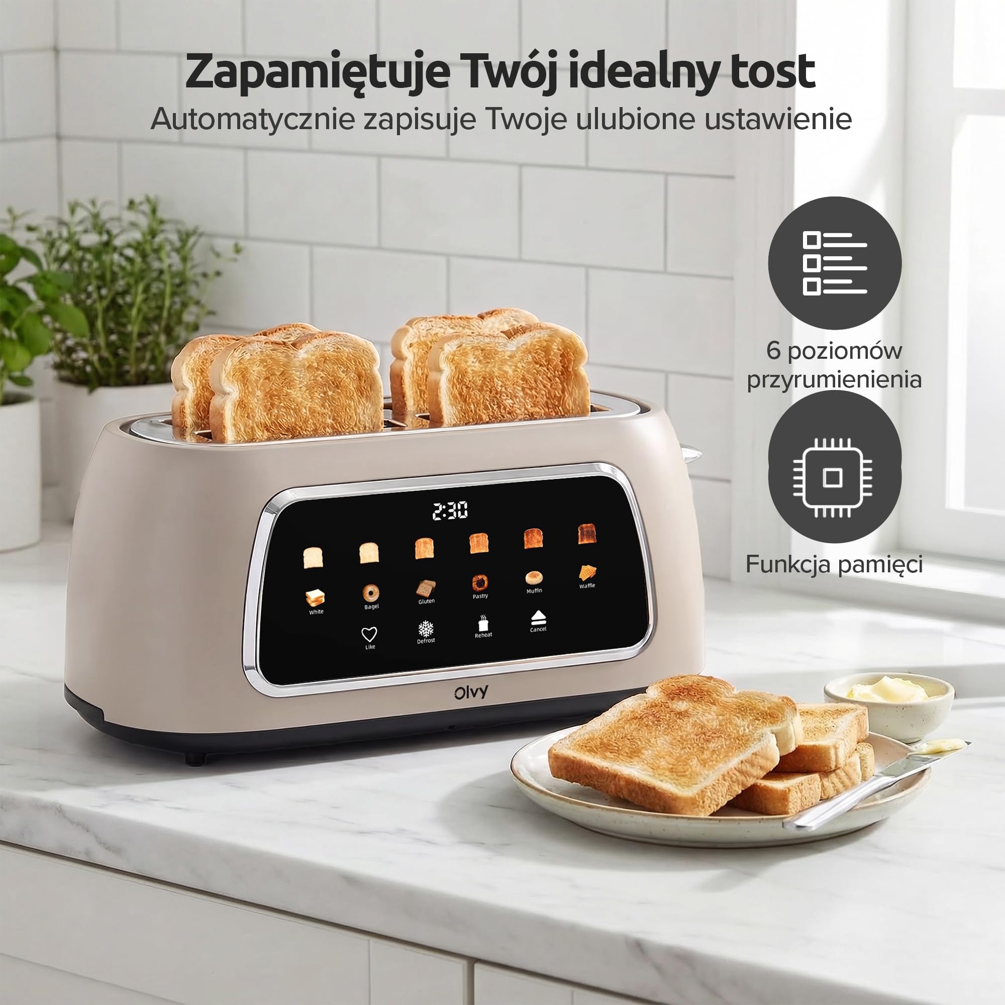Olvy Toster na 4 Kromki z Wyświetlaczem LCD i Timerem Odliczającym – Ekstra Szerokie Szczeliny na Gruby Chleb – 6 Poziomów Zrumienienia, Rozmrażanie i Podgrzewanie – 1500W – Beige