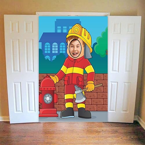 Miniatura 5 de Cartel de fotos de bombero, telón de fondo grande con cara de bombero para juego de simulación, fiesta, rescate, decoración temática para fiesta de