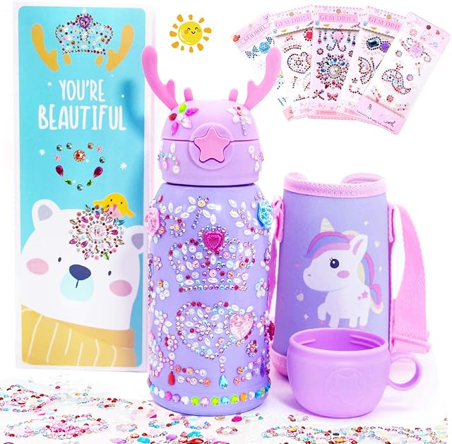 DIY Unicorn Water Drink Bottles for Girls, 500ML BPA Free Unicorn Kids Drinking Bottle, DIY Art and Craft Bottle with Rhinestone Glitter Gem Stickers Birthday Gifts for Girls 3-12 Years Old